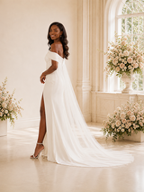 ChicSew Elegant Off The Shoulder Satin Tulle Mermaid Maxi Long Wedding Dress With Side Slit