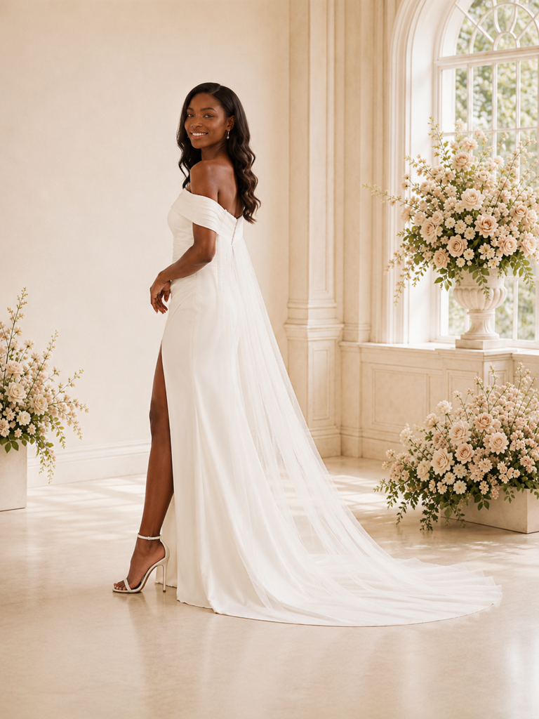 ChicSew Elegant Off The Shoulder Satin Tulle Mermaid Maxi Long Wedding Dress With Side Slit