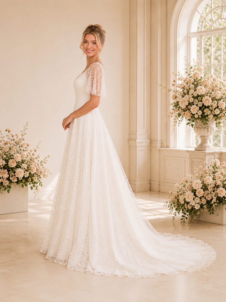 ChicSew Fancy V-Neck A-Line Lace Flutter Sleeves Maxi Long Wedding Dresses
