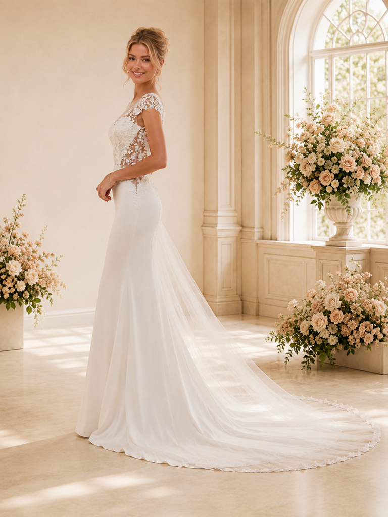 ChicSew Fancy V-Neck Cap Sleeves Crepe Mermaid Long Wedding Dresses With Lace Appliques