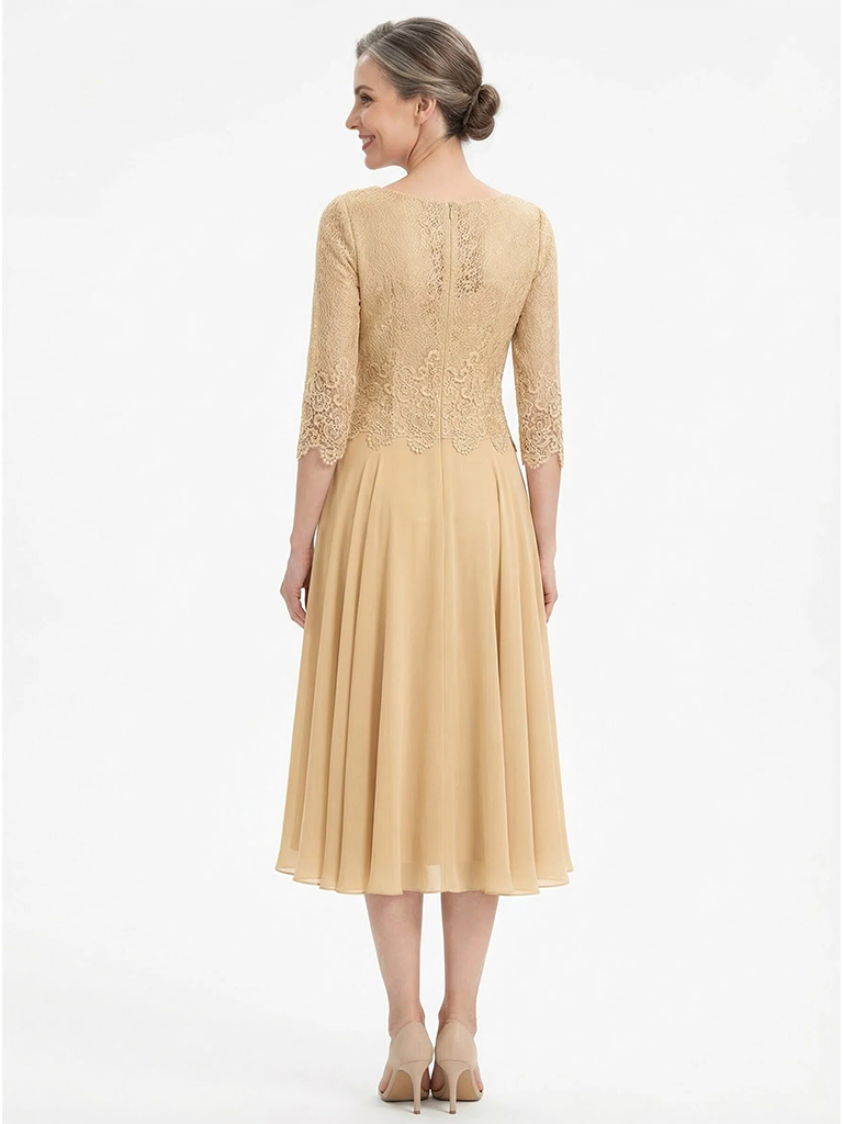 ChicSew Stunning Lace Top Chiffon A-Line Mother Of The Bride Dresses Tea-Length With Half Sleeves