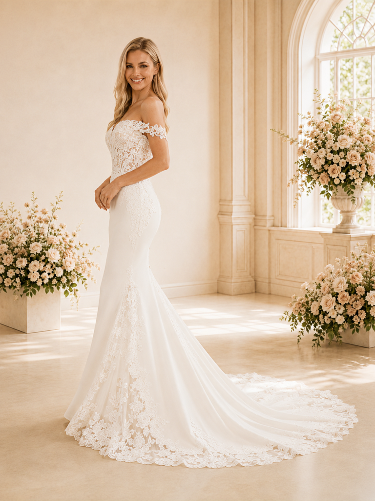 ChicSew Sexy Unique Off The Shoulder Lace Applique Crepe Mermaid Maxi Wedding Dress