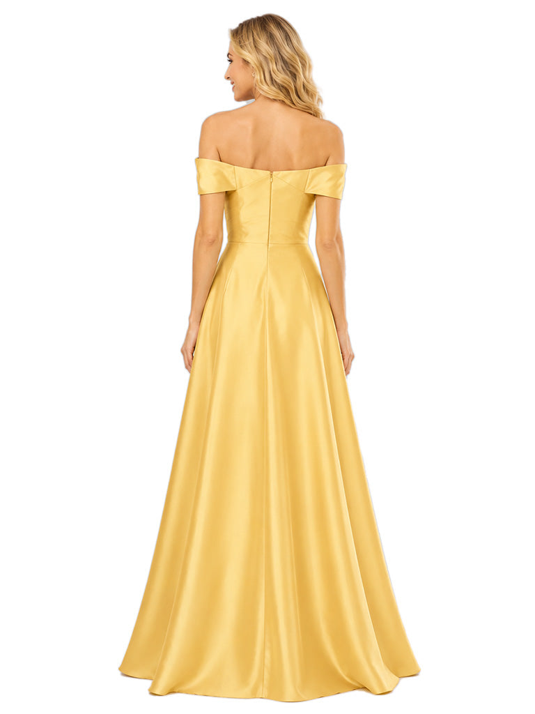 Chicsew Trendy Off Shoulder A-Line Satin Unique Long Bridesmaid Dresses