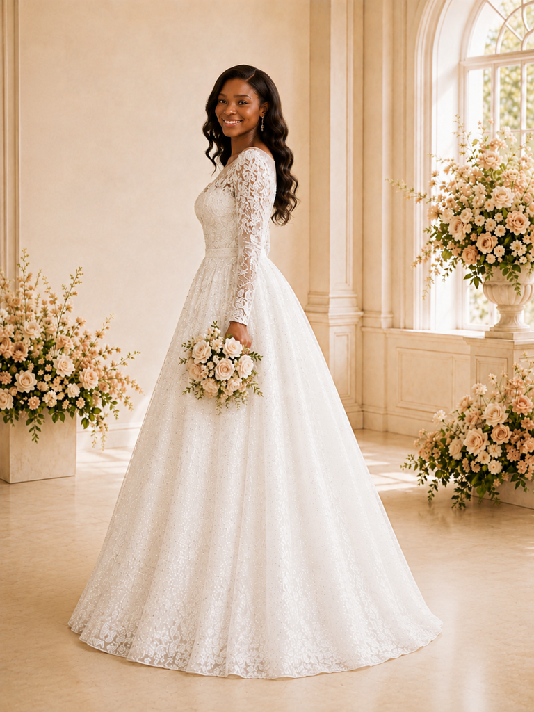 ChicSew Elegant Illusion Long Sleeves Lace Appliques Glitter Tulle Maxi Wedding Dress