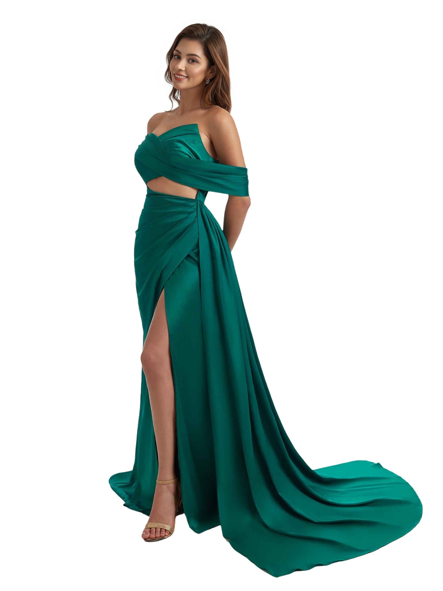 Unique Asymmetric Off The Shoulder Mermaid Satin Long Bridesmaid Dresses Online Slit