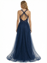 Modern Halter Neck Illusion Tulle Ball Gown Prom Dresses