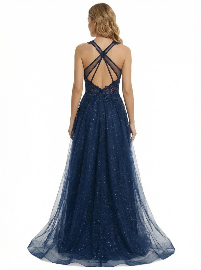 Modern Halter Neck Illusion Tulle Ball Gown Prom Dresses