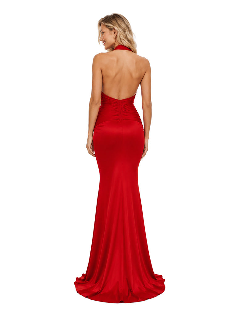 ChicSew Sexy Halter Deep V-Neck Ruched Waist Mermaid Floor-Length Satin Evening Gowns Modern Bridesmaid Dresses