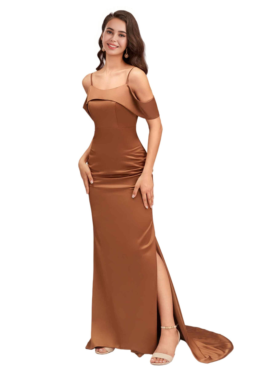 Sexy Cold Shoulder Soft Satin Mermaid Long Bridesmaid Dresses Online