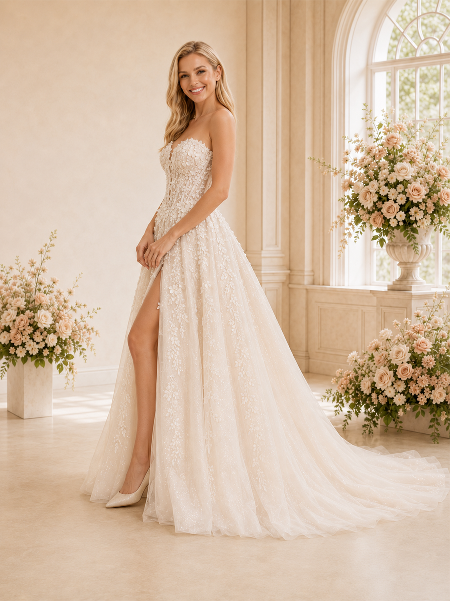 ChicSew Unique Sweetheart A-Line Sleeveless Lace Tulle Side Slit Long Wedding Dresses