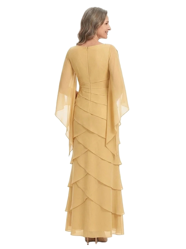 ChicSew Classy Tiered Chiffon Mother Of The Bride Dresses With V-Neck And Cape Sleeves