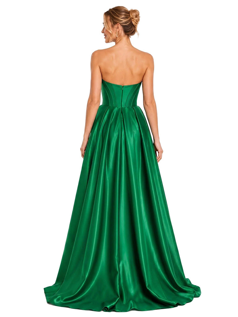 ChicSew Sexy Strapless Soft Satin Side Slit A-Line Floor-Length Bridesmaid Dress With Boning