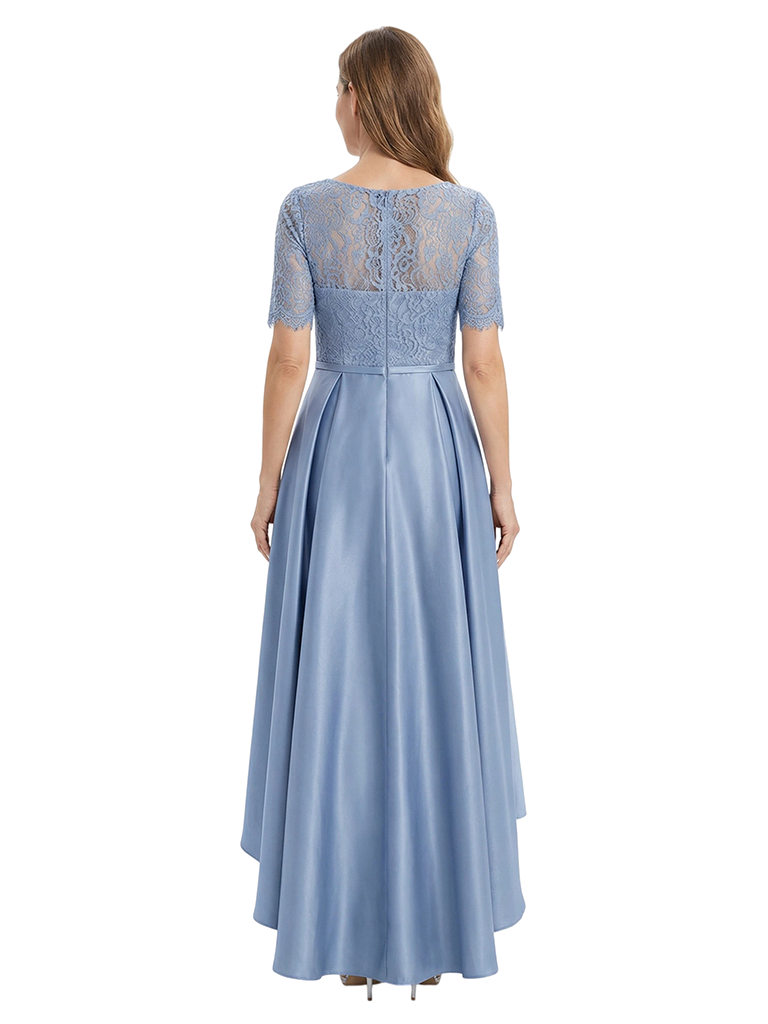 ChicSew Bateau Neck Short Sleeve Lace Top Satin High Low Mother of the Bride Dress