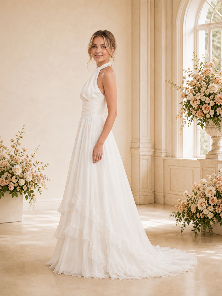 ChicSew Elegant Satin A-Line Halter Pleated Chiffon Maxi Long Wedding Dress