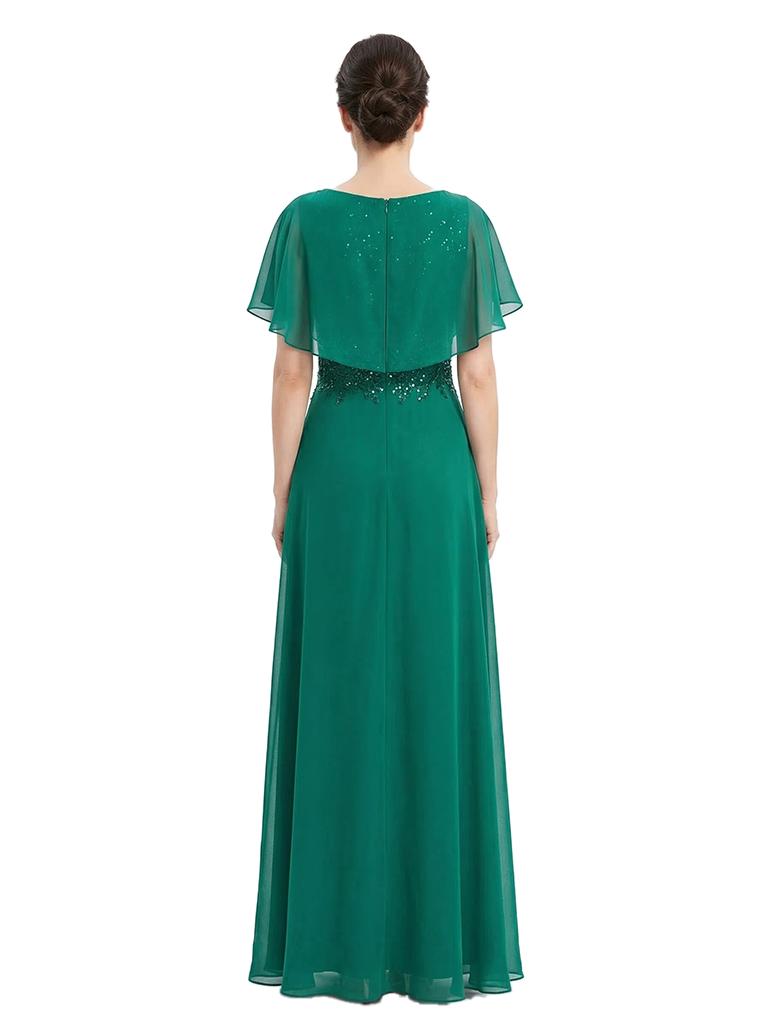 ChicSew Round Neck Flutter Sleeve Beaded Lace Applique Floor Length Chiffon Elegant Mother of the Bride Dresses