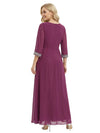 Elegant A-Line V-Neck Ruffles Side Slit 3/4 Sleeves Mother Of The Bride Dress Chiffon Gown