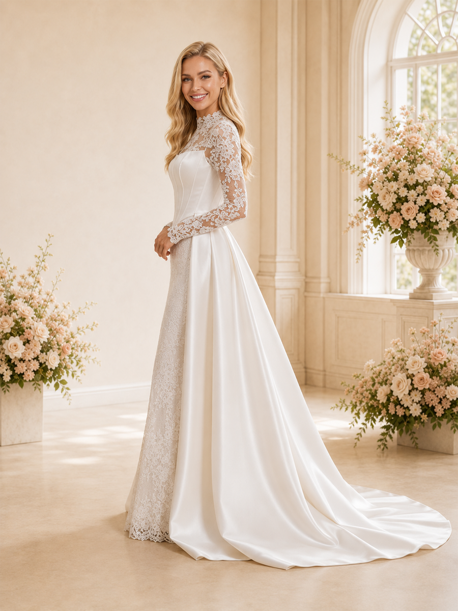 ChicSew Classic High Neck Satin Mermaid Long Sleeves Lace Applique Maxi Wedding Dresses With Overskirt