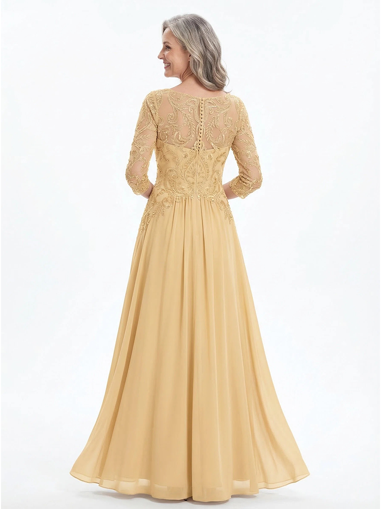 ChicSew Unique Illusion Lace A-Line Chiffon Evening Gowns Mother Of The Bride Dresses With Long Sleeves