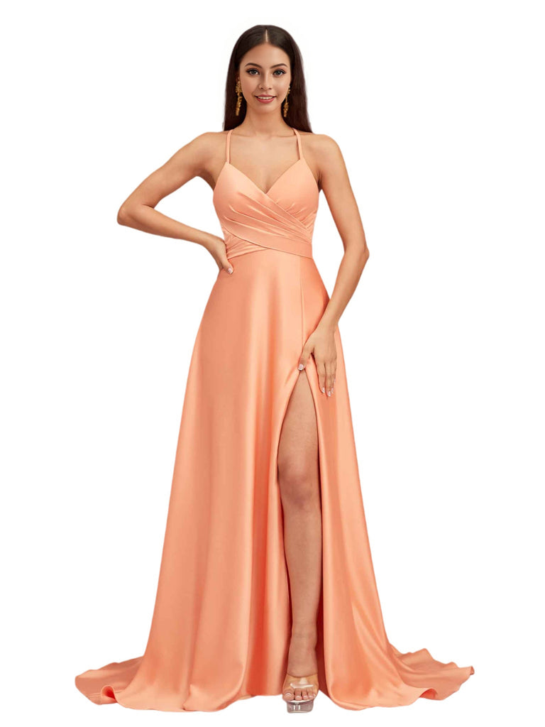 Sexy Spaghetti Straps A-Line Soft Satin Criss cross Side Slit Long Bridesmaid Dresses