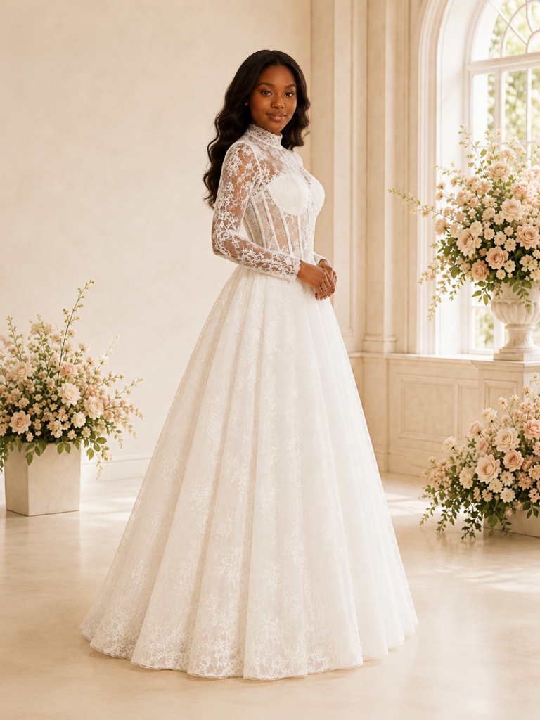 ChicSew Elegant High Neck Long Sleeves Boning Lace Maxi A-Line Wedding Dress