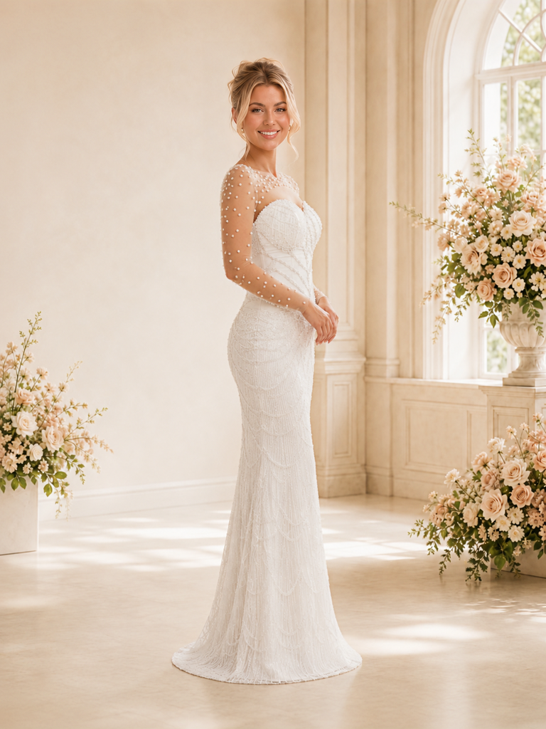 ChicSew Fancy Unique Illusion Long Sleeves Mermaid Long Wedding Dress With Beading