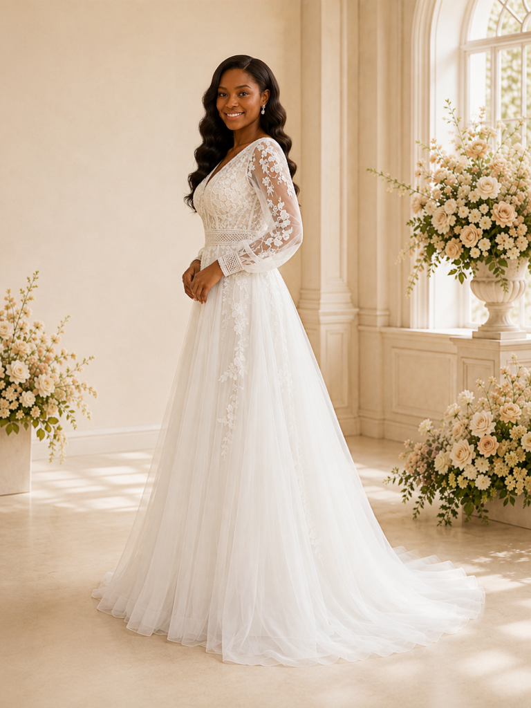 ChicSew Elegant A-Line V-Neck Long Sleeves Tulle Maxi Wedding Dress With Lace Applique