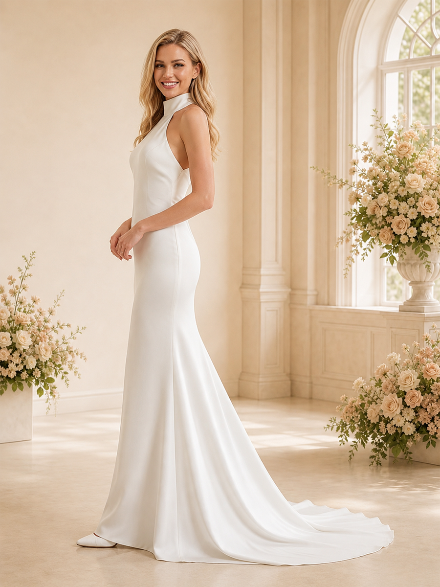 ChicSew Unique High Neck Sleeveless Mermaid Crepe Long Wedding Dresses