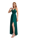 Modern Spaghetti Straps Silky Satin A-line Long Simple Bridesmaid Dresses Side Split