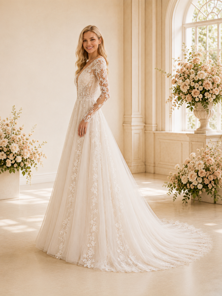 ChicSew Elegant Pretty Deep V-Neck Long Sleeves A-Line Lace Applique Tulle Floor-Length Wedding Dress
