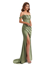 Sexy Off The Shoulder Silky Satin Mermaid Side Slit Long Bridesmaid Dresses Online