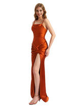 Elegant Spaghetti Straps Silky Satin Side Slit Mermaid Long Bridesmaid Dresses