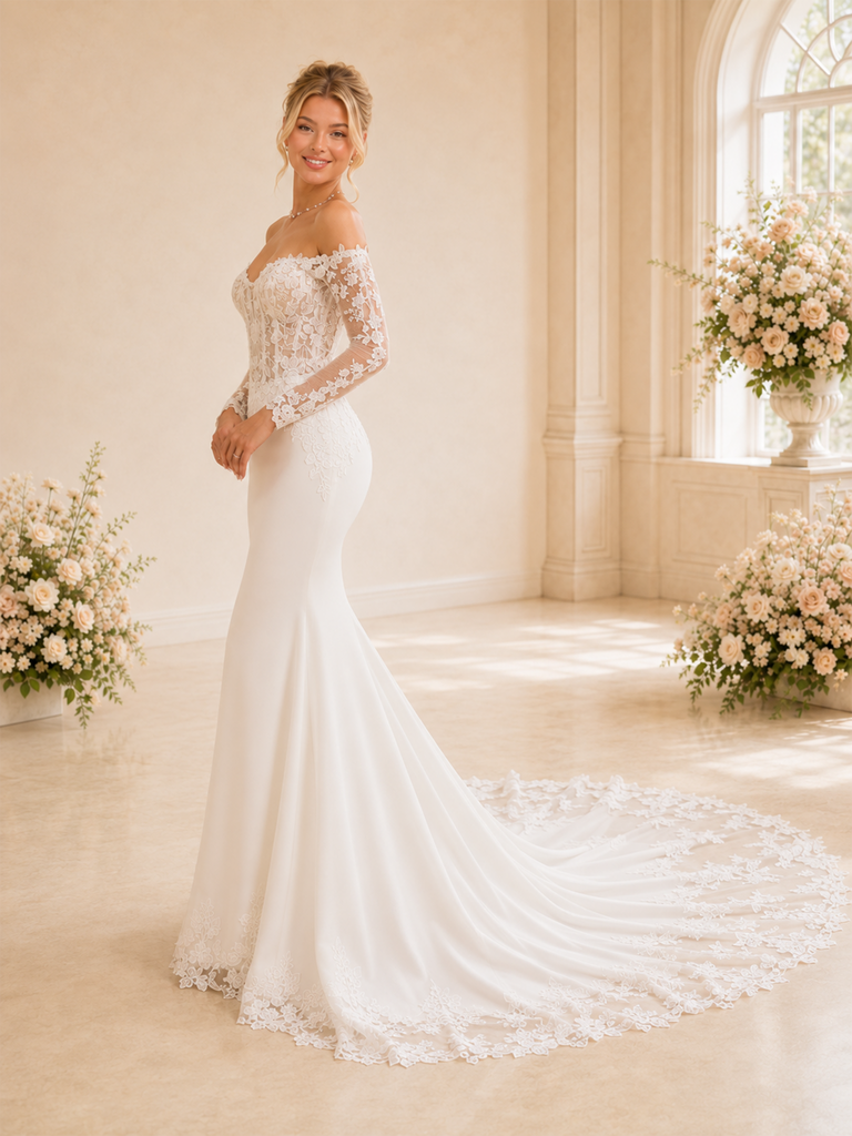 ChicSew Fancy Sexy Lace Tulle Off The Shoulder Long Sleeves Boning Mermaid Maxi Wedding Dresses With Train
