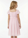 Chiffon A Line Flower Girl Dress with Square Neck Puff Sleeves and Pleated Midi Skirt