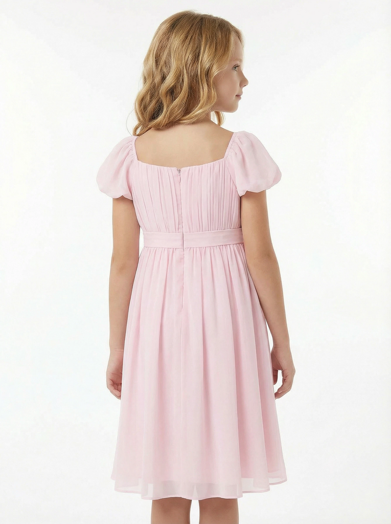 Chiffon A Line Flower Girl Dress with Square Neck Puff Sleeves and Pleated Midi Skirt