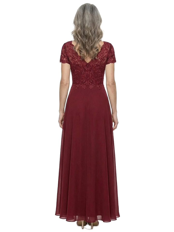ChicSew V-Neck Short Sleeve Lace Ruched Waist Tea Length Chiffon Elegant Mother of the Bride Dresses