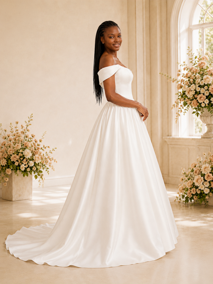 ChicSew Elegant Off The Shoulder A-Line Satin Maxi Long Wedding Dress With Button