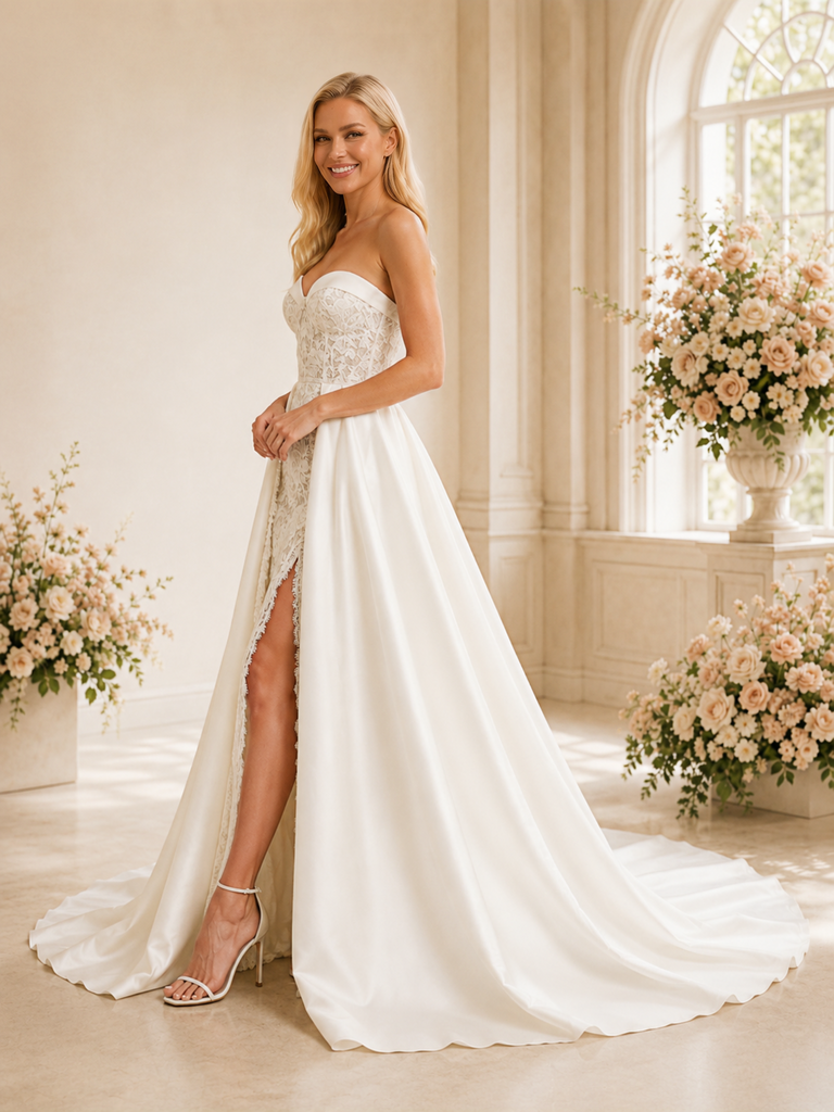 ChicSew Unique Sweetheart Boning Mermaid Lace Applique Side Slit Floor-Length Wedding Dress With Satin Overskirt