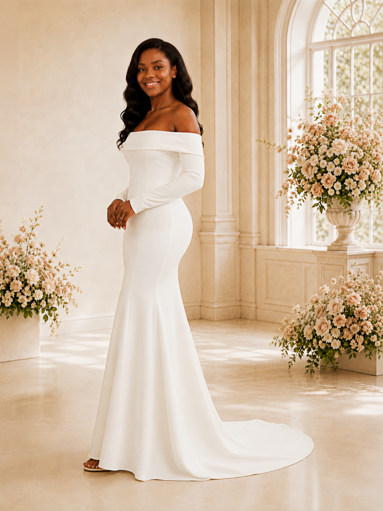 ChicSew Elegant Mermaid Off The Shoulder Long Sleeves Crepe Maxi Wedding Dress