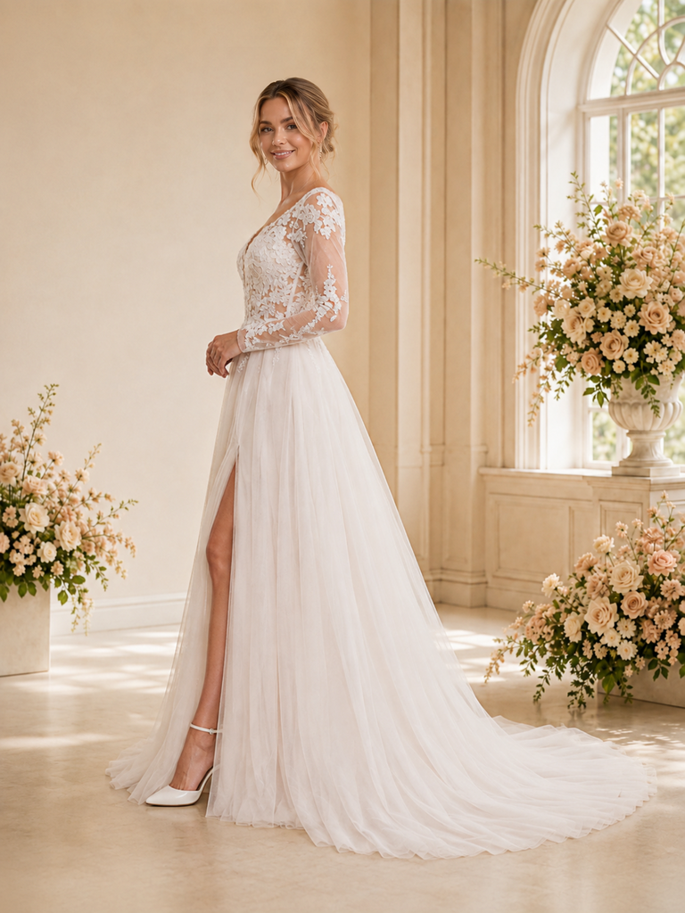 ChicSew Elegant V-Neck Long Sleeves Tulle Lace Appliques A-Line Maxi Wedding Dress