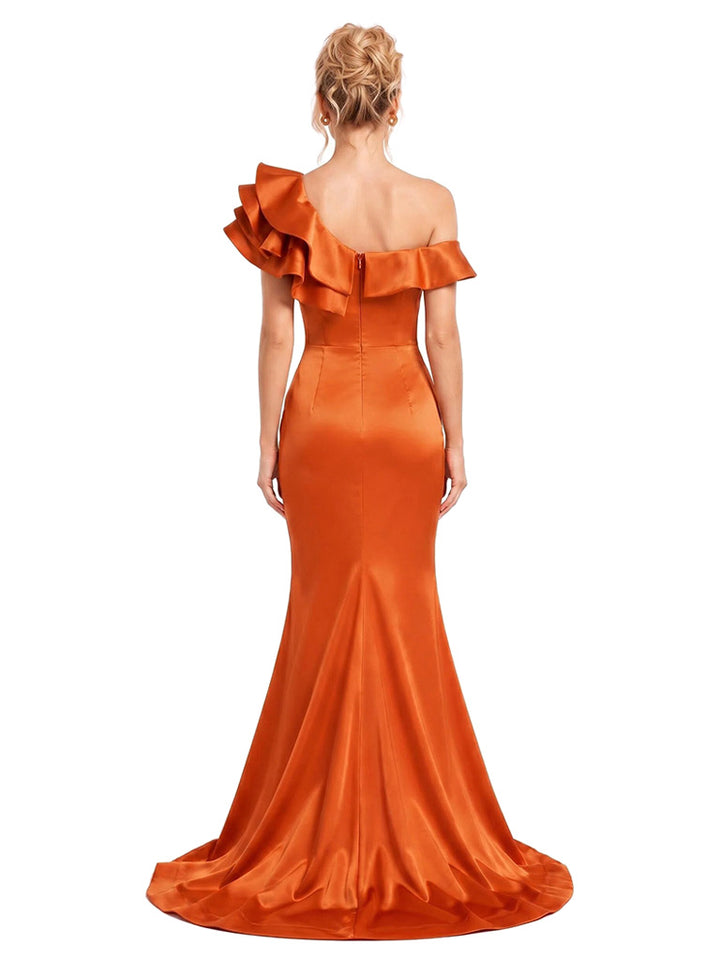 ChicSew Off Shoulder Ruffle Soft Satin Mermaid Floor Length Bridesmaid Dresses