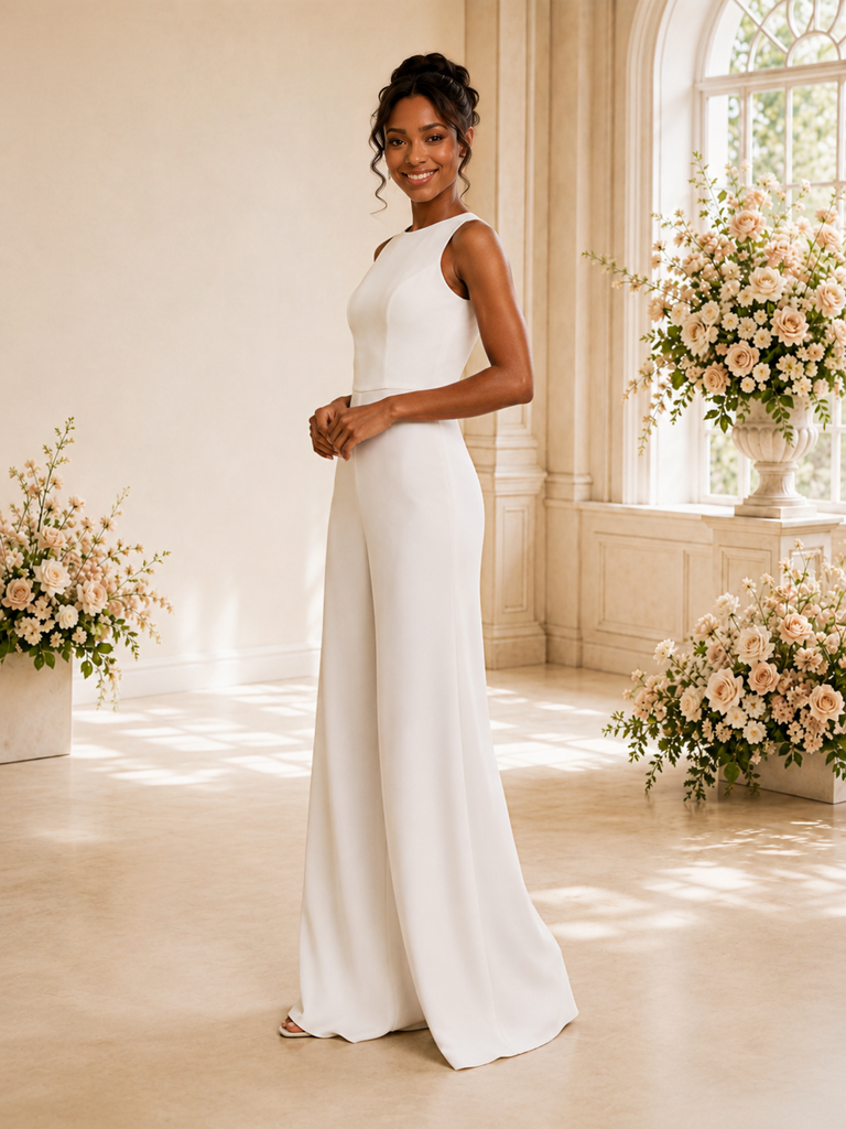 ChicSew Modern Jewel Sleeveless Crepe Floor-Length Wedding Jumpsuit