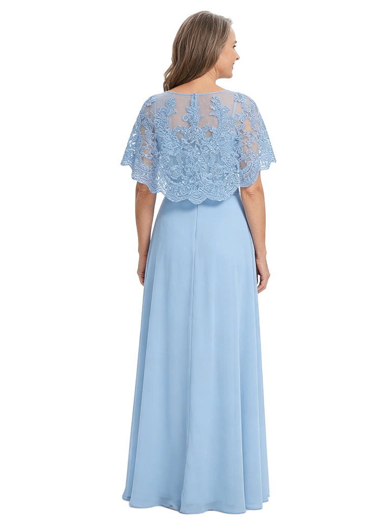ChicSew Round Neck Cape Sleeve Beaded Lace Applique Floor Length Chiffon Elegant Mother of the Bride Dresses