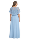 ChicSew Round Neck Cape Sleeve Beaded Lace Applique Floor Length Chiffon Elegant Mother of the Bride Dresses