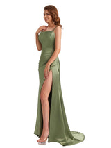 Sexy Soft Satin Mermaid Spaghetti Straps Side Slit Simple Long Bridesmaid Dresses Online