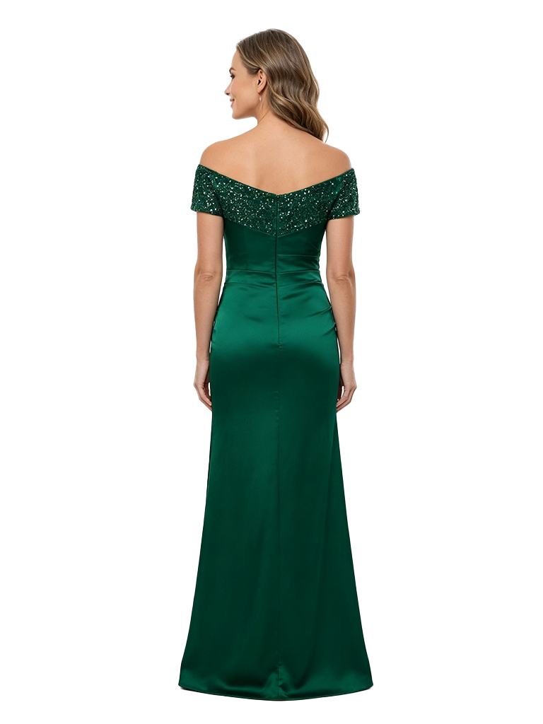 ChicSew Off The Shoulder Ruched Satin Mermaid With Beaded Short Sleeve Mother of the Bride Dress