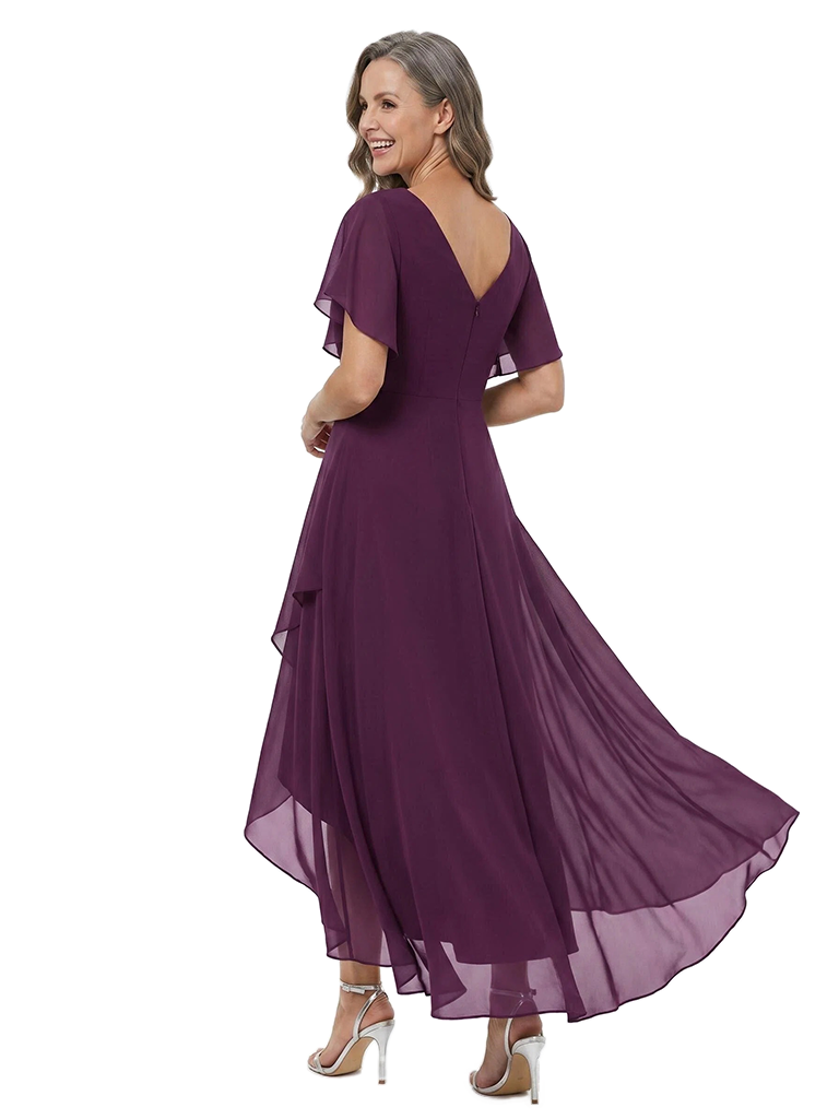 ChicSew V-Neck Flutter Sleeve Lace Applique Chiffon High-Low A-Line Mother of the Bride Dress