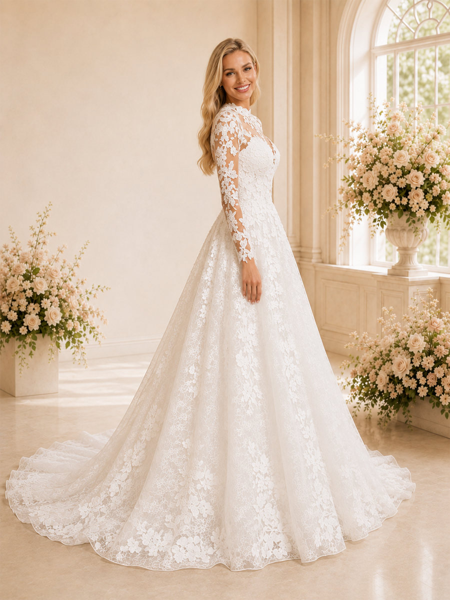 ChicSew Romantic High Neck Long Sleeves Lace Tulle A-Line Maxi Long Wedding Dresses
