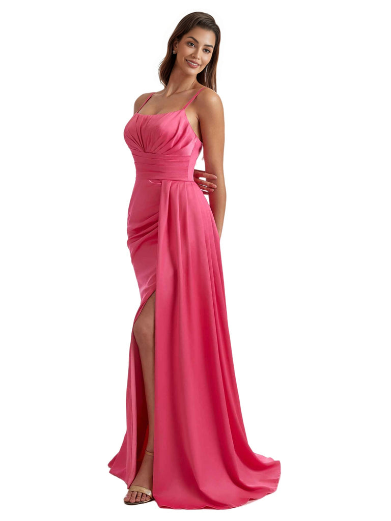 Mermaid Side Split Silky Satin Modern Long Bridesmaid Dresses Elegant Spaghetti Straps