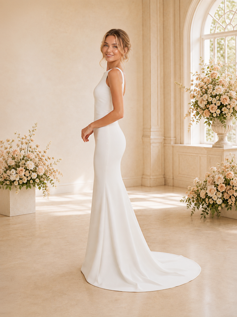 ChicSew Modern Bateau Sleeveless Crepe Long Mermaid Wedding Dress