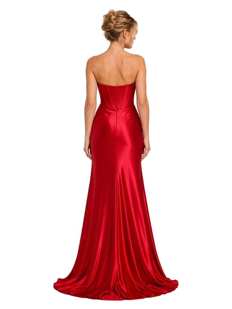 ChicSew Stunning Strapless Mermaid Satin Bridesmaid Dress Boning Side Slit Luxury Evening Gown
